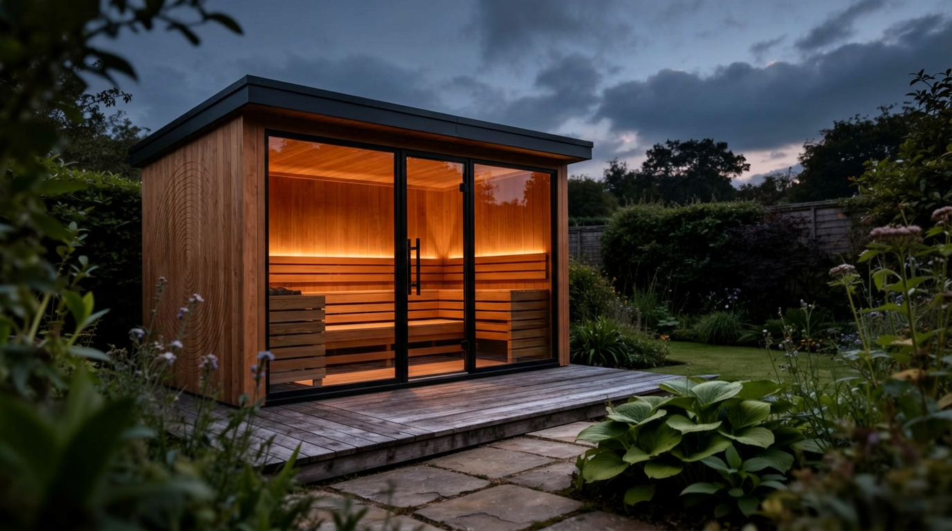 A modern cedar outdoor sauna glowing warm in a landscaped UK garden at golden hour